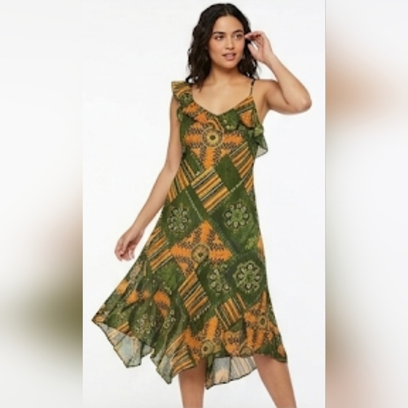 Source Unknown Dresses & Skirts - Olive Green & Orange Patchwork Asymmetrical Ruffle Dress
